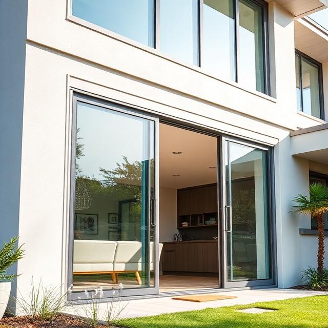 Porta de correr de alumínio com vidro temperado instalada em residência moderna em Presidente Prudente