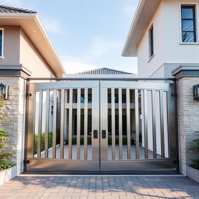 Portão de alumínio elegante com design moderno instalado em residência de alto padrão