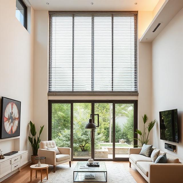 Venezianas de alumínio e portas de vidro em sala de estar moderna e bem iluminada