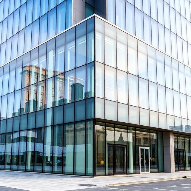 Fachada comercial com esquadrias de alumínio e vidros temperados em edifício moderno